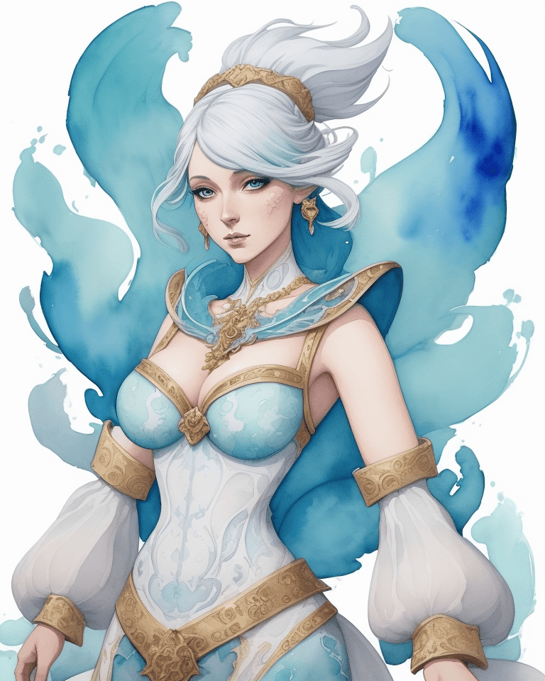 AI generated: Watercolor painting on parchment, a woman wearing an expensive costume, in the style of elemental fo...