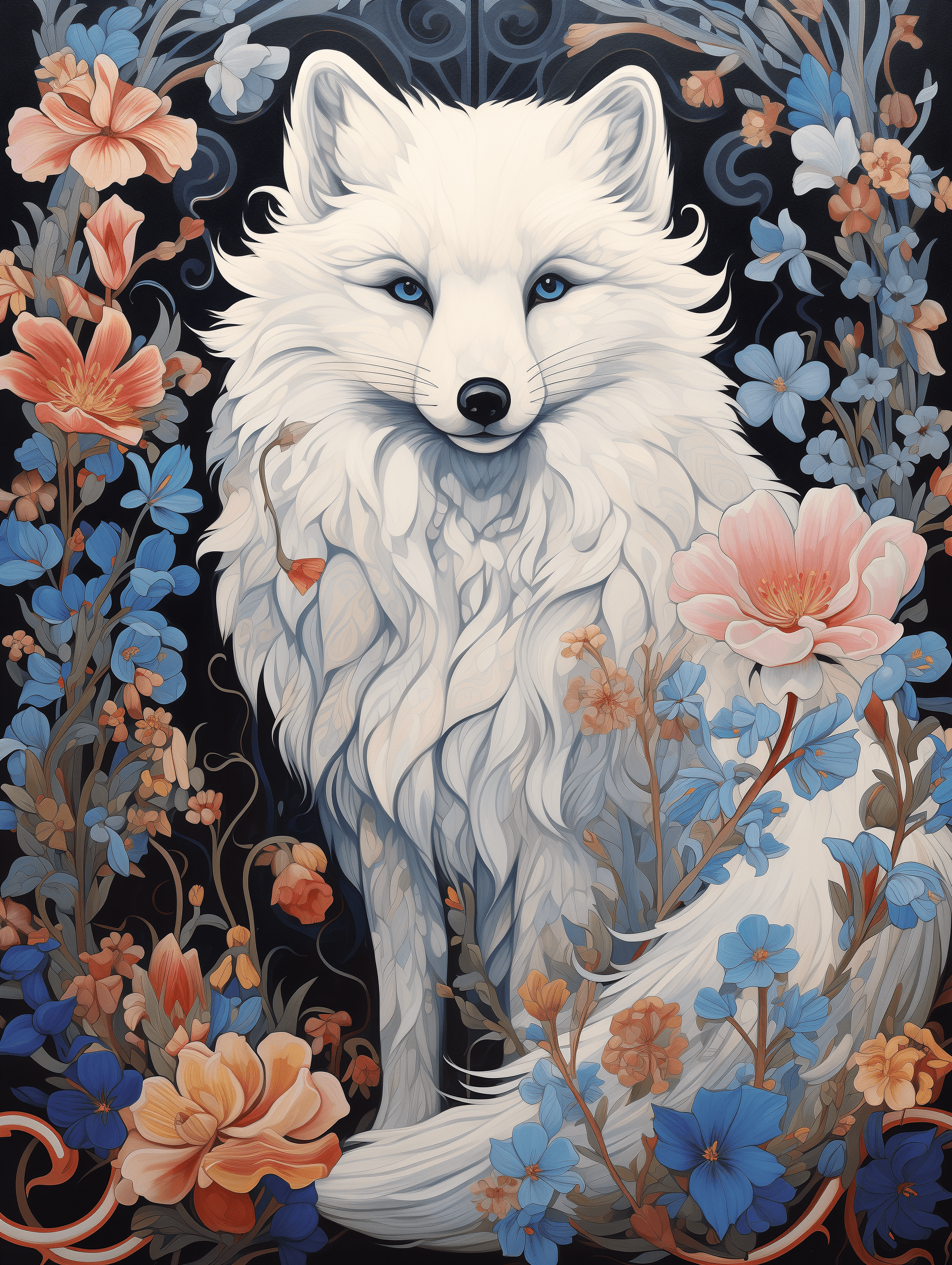 AI generated: An art nouveau painting of an arctic fox in the style of Klimt, a blueprint of a silver wolf with bl...