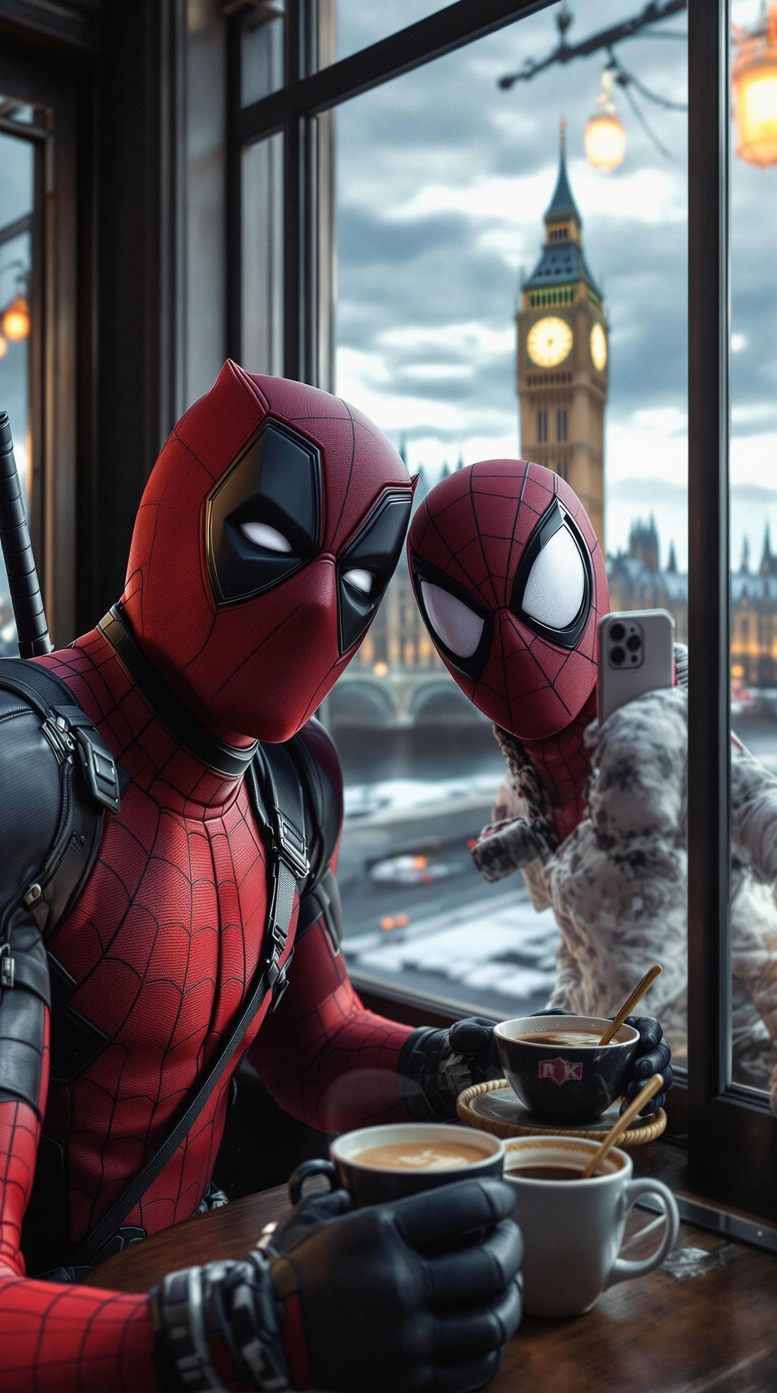 AI generated: Deadpool and Spider-Man are taking selfies with iPhones, and drinking coffee in places with a view o...