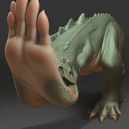 AI generated: a human foot similar to a dinosaur's foot with reptile claws instead of human nails