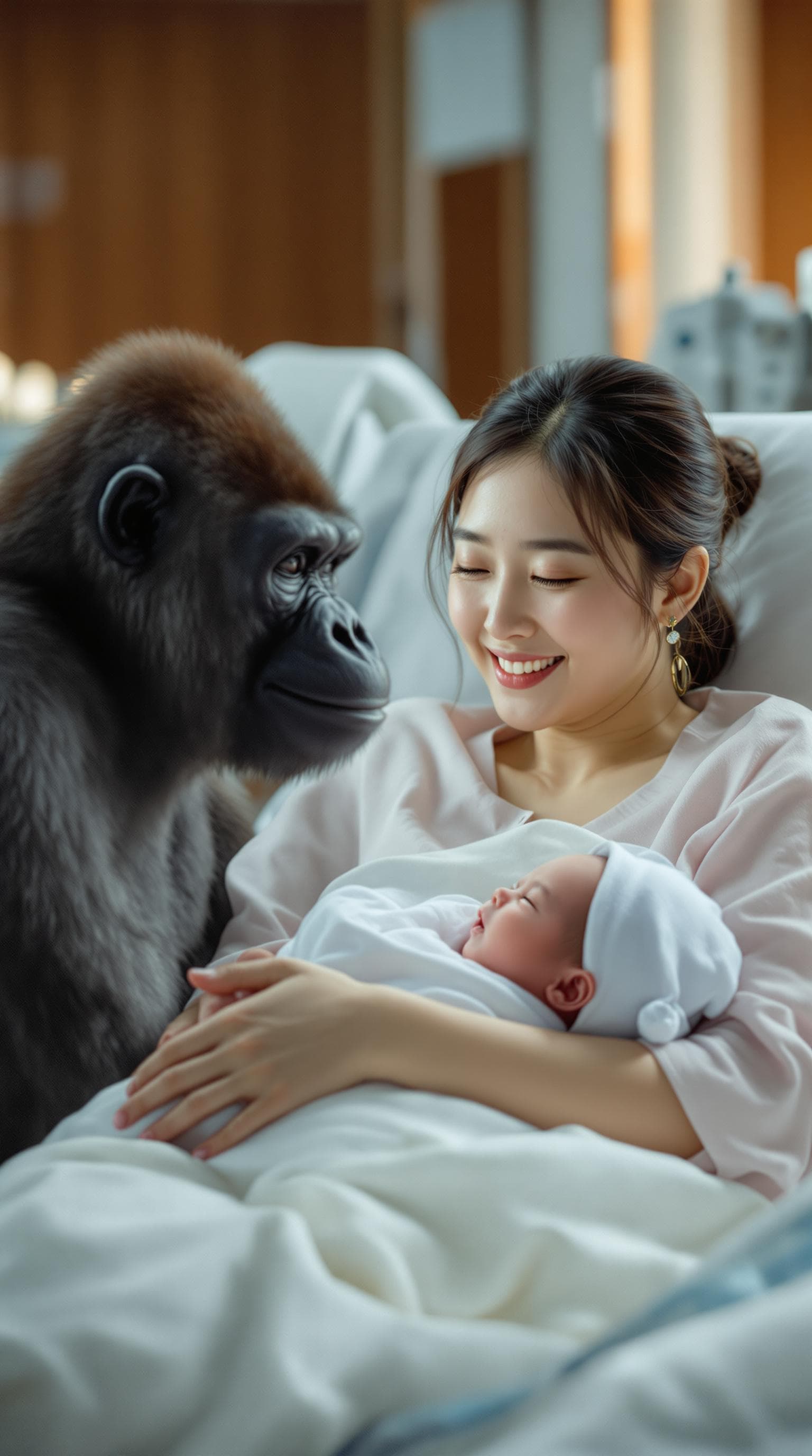 AI generated: A photo of a Korean mother in her 30s cuddling her newborn baby and smiling calmly, with a gorilla s...