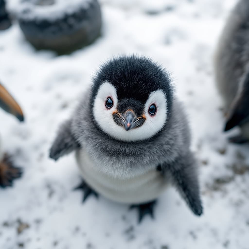 AI generated: An adorable baby emperor penguin with a round, fluffy body covered in thick dark gray feathers. Its ...