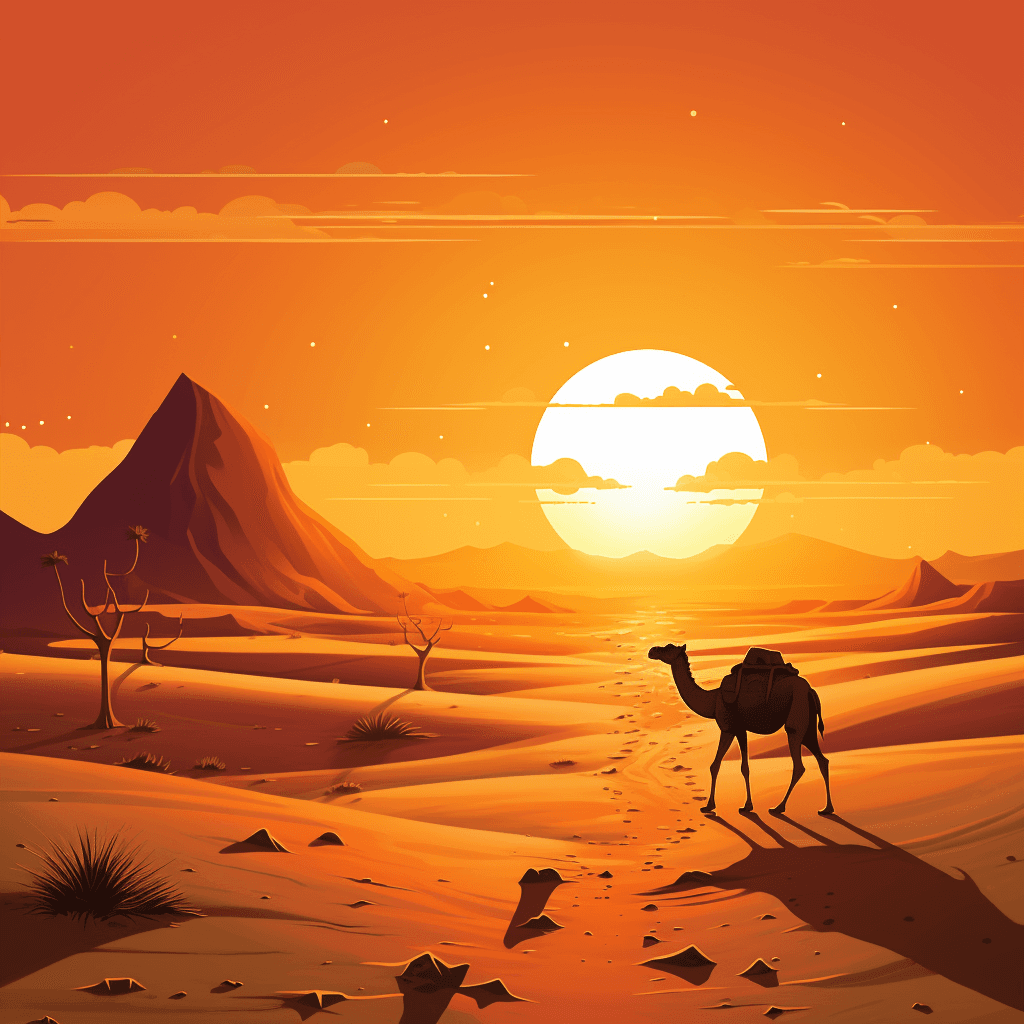 AI generated: Desert vector. Camel encounters genie, sand dunes, in golden desert, with a Divine, illuminated unde...
