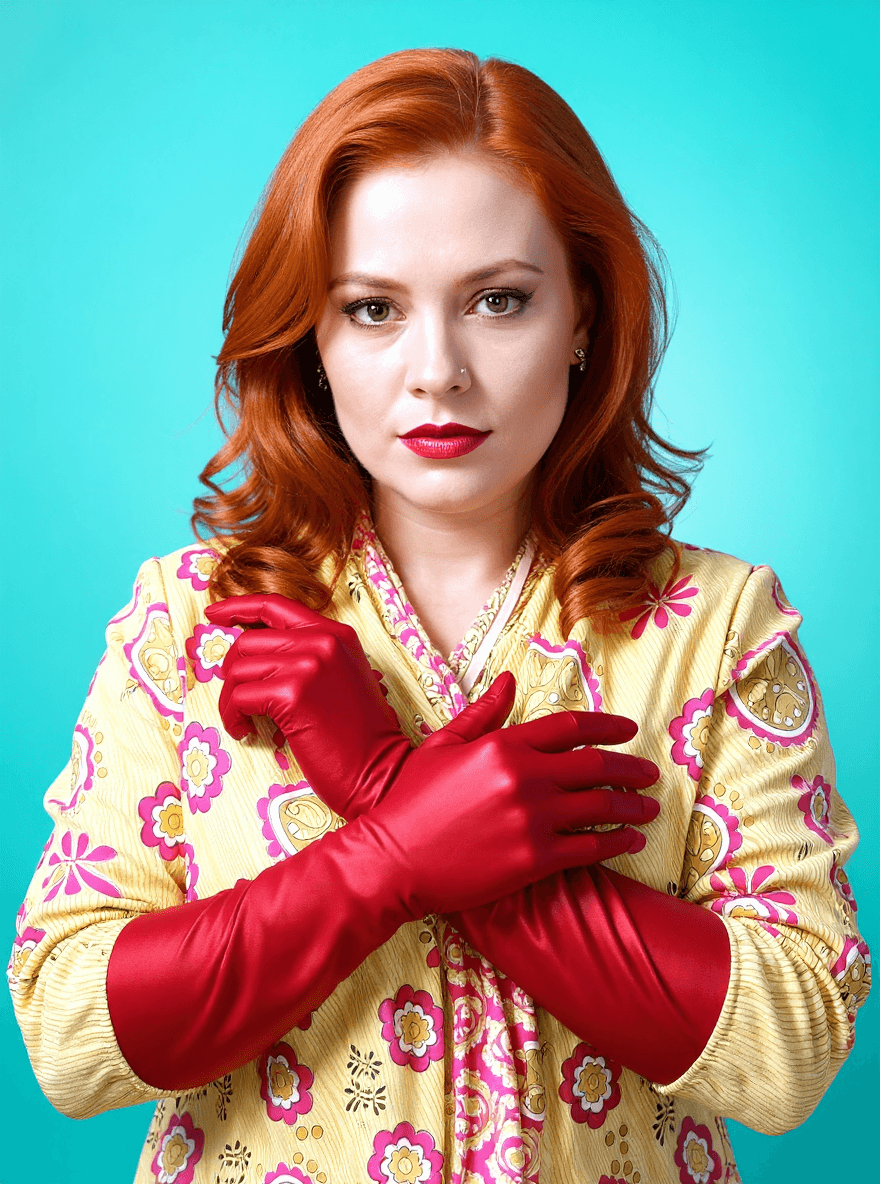 AI generated: erotic woman ,in a luxuriously sureal Dimension, she is complete Ginger-haired ,red satin gloves