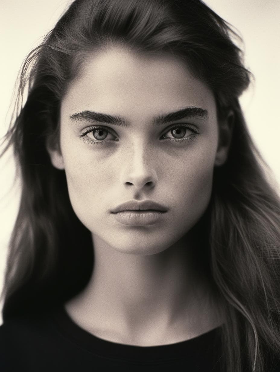 AI generated: a black and white photo of a woman with long hair, brooke shields, portrait of a young woman, high f...