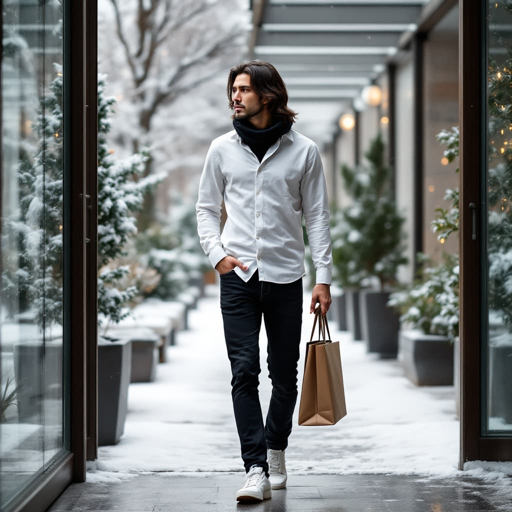 AI generated: tall slim asian man with long hair with black slim jeans, white sneakers and a white shirt with a bl...