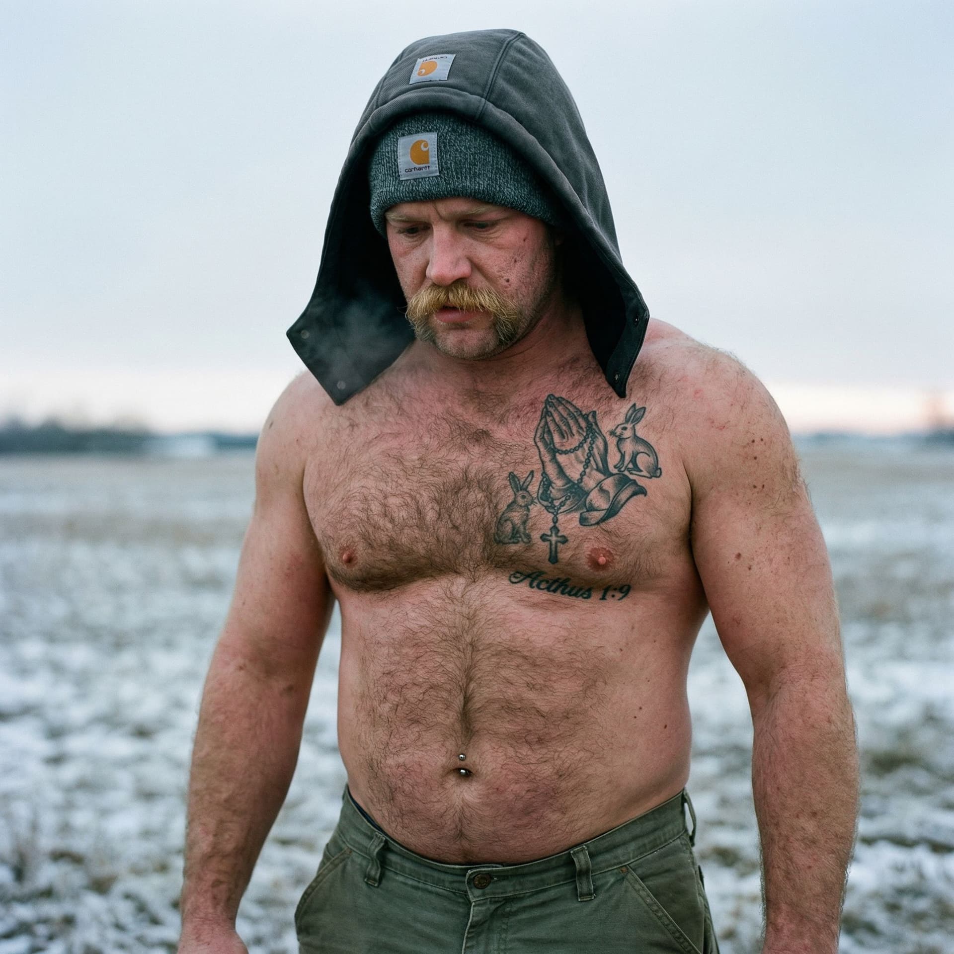 AI generated: Un homme blanc costaud d'une trentaine d'années, physique très musclé et trapu de type ouvrier/agric...