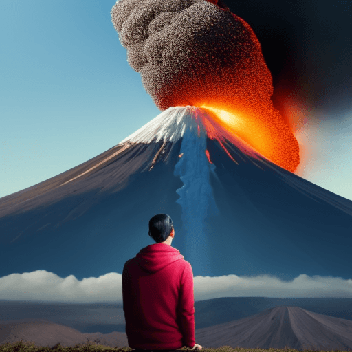AI generated: UNA PERSONA MIRANDO UN VOLCAN EN ERUPCIÓN SURREALISTA