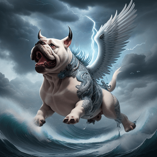AI generated: detail, bull dog fish character, angry dog
white glowing feathers fly around, surrounded by intricat...