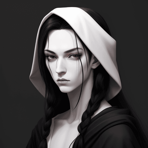 AI generated: Androgynous character, portrait, black eyes, hooked nose, long hair, black hair, parted hair, white ...