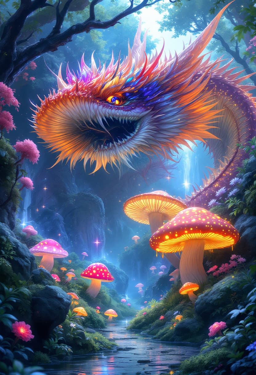 AI generated: First person view, entry into the fantastic nature of fairies, wizards and dragons. In Asian Fantasy...