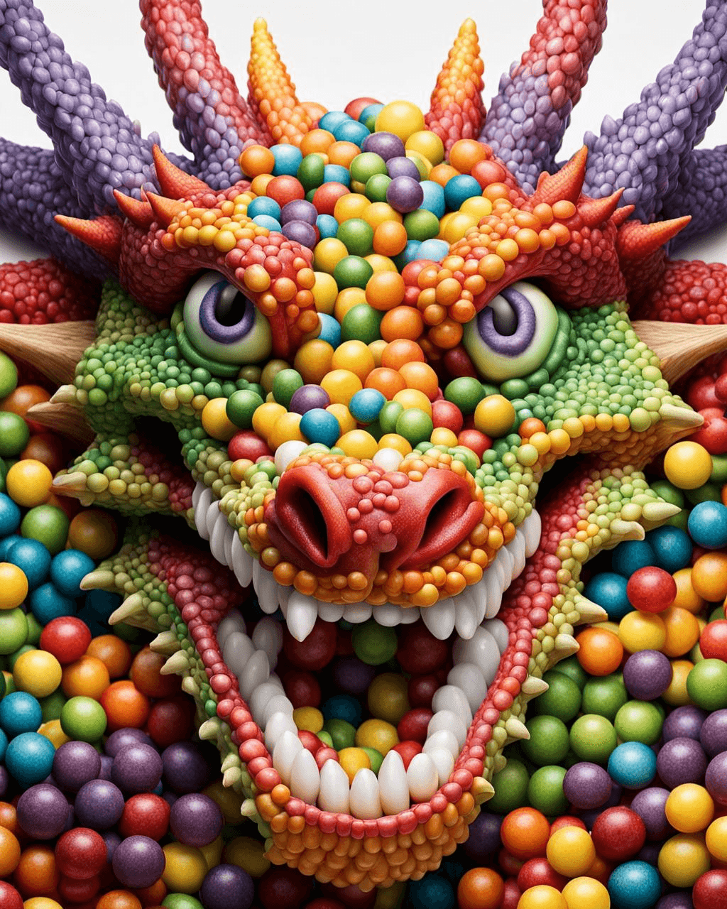 AI generated: raw, masterpiece, symmetrical, highly detailed dragon made of skittles, smiling, looking at viewer, ...