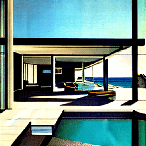AI generated: Hyper realistic eye level exterior photo of a mid century modern style house overlooking the ocean, ...