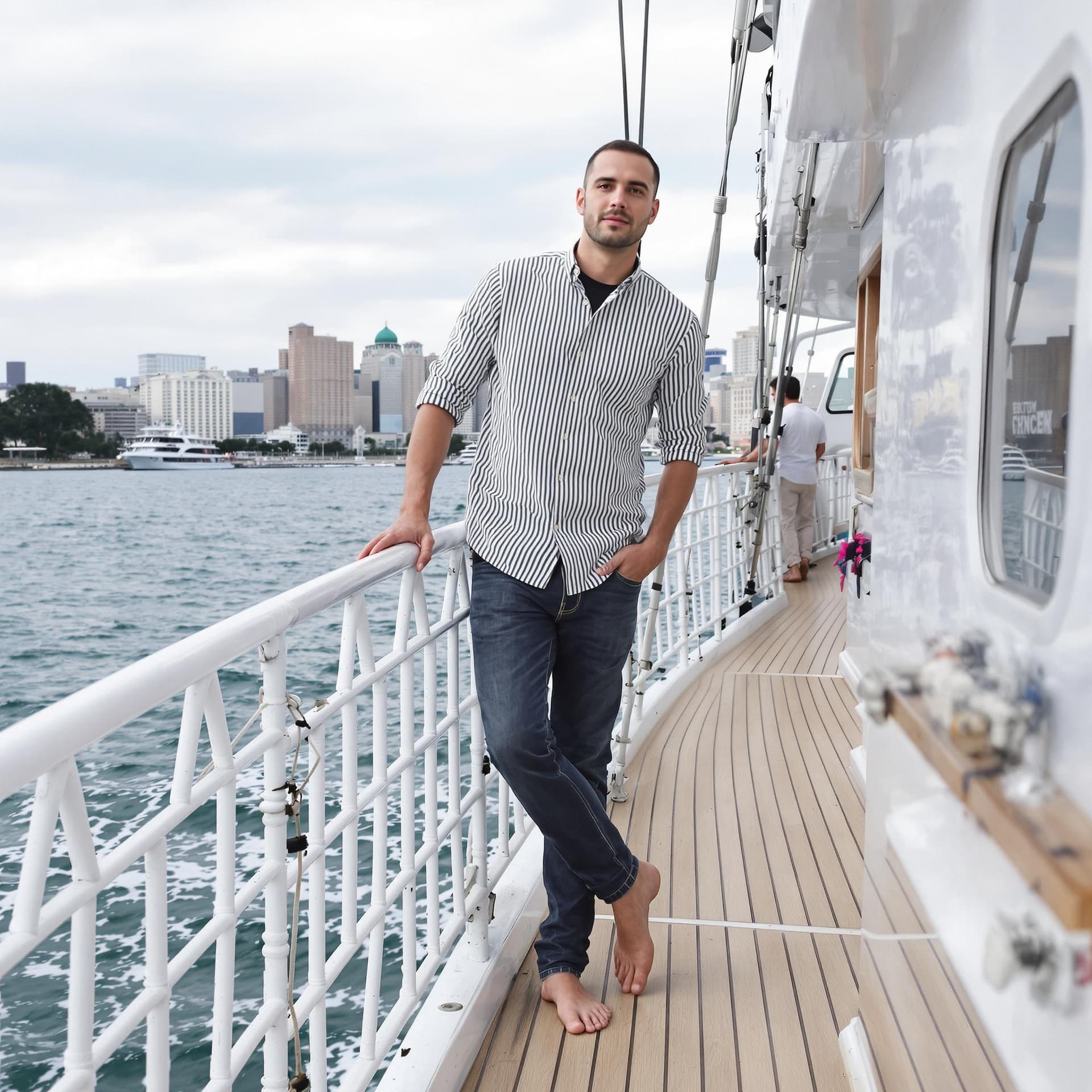 AI generated: A man stands effortlessly on the boat's wooden deck, barefoot and dressed in striped shirt and jeans...