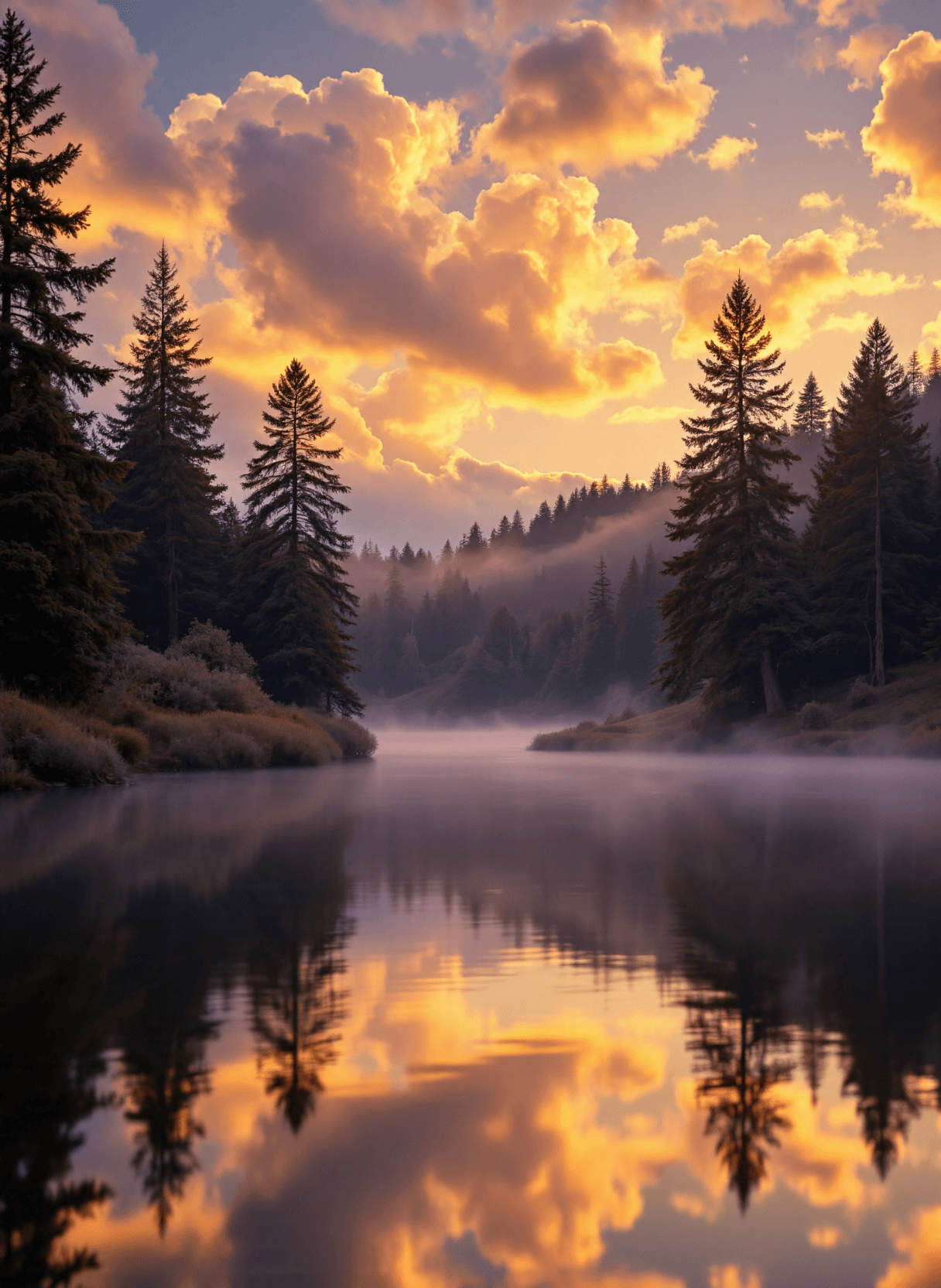 AI generated: The image depicts a serene and picturesque landscape at sunset. The sky is painted with vibrant hues...