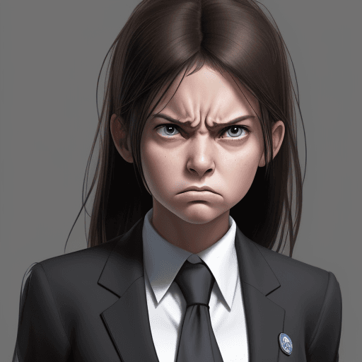 AI generated: a young girl in a business suit with a very angry expression, in the style of unreal