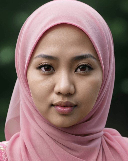 AI generated: asian, Indonesian woman, javanesse girl, muslim women wearing pink color hijab, half body photo, wea...