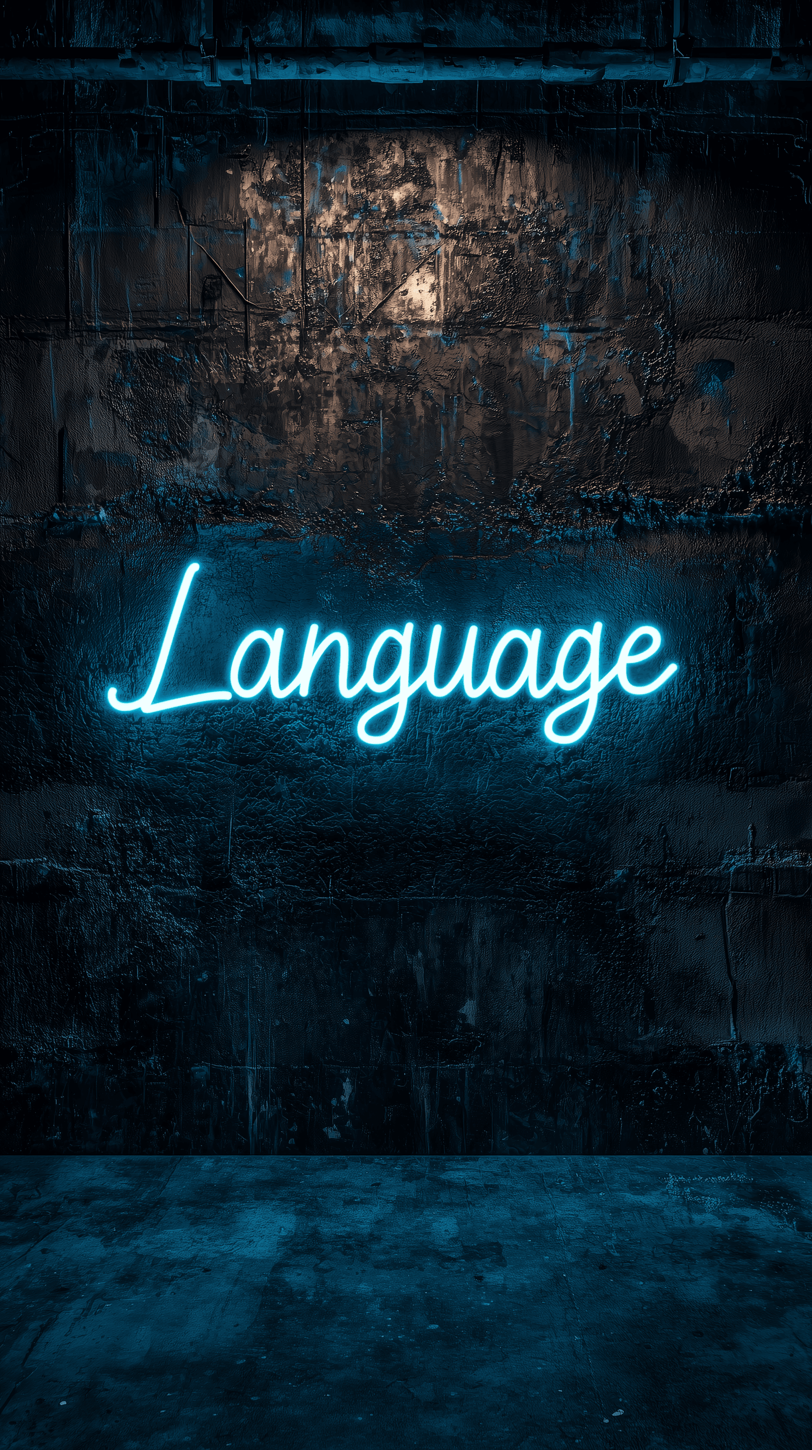AI generated: neon lettering "Language", cyan neon color with glowing effect, black concrete backdrop, realistic i...