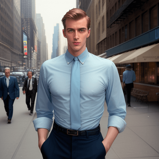 AI generated: ((waist photo)) beautiful men model in the streets of New York, wearing light blue shirt . analogue ...