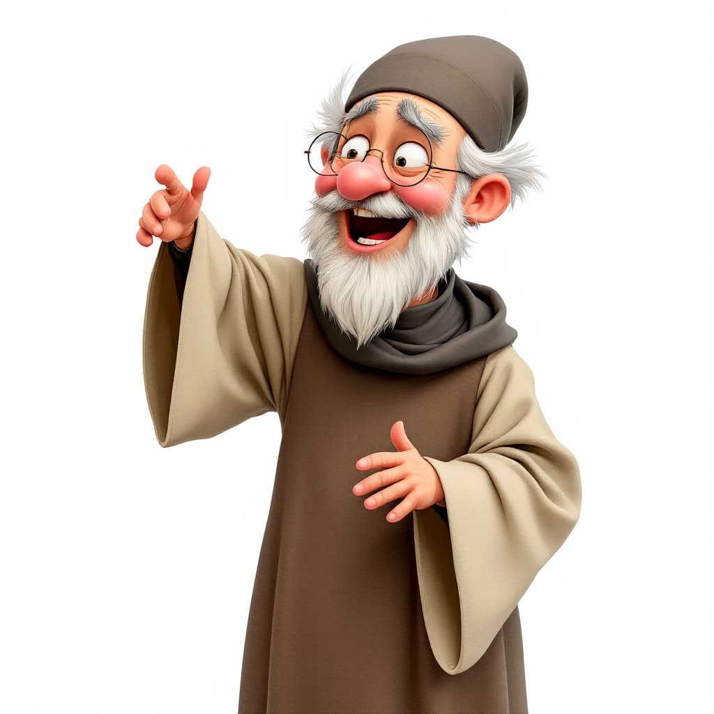 AI generated: A cute old monk preaching greetings in pixar style, wearing cassock and smiling brightly, white back...