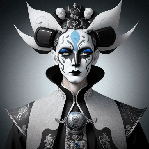 AI generated: a man with a white face paint and black makeup, in the style of futuristic designs, dark white and l...