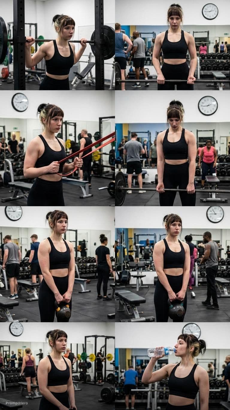 AI generated: make her stay at the gym all the time, have a body type curvy