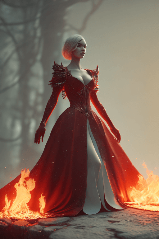 AI generated: mdjrny style v4 red ball gown, ingniting at the bottom, set on fire, perfectly redish, full body, la...