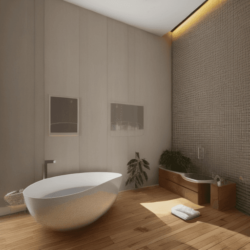 AI generated: High resolution photography interior design, , wooden floor, bathtub,clean cut geometry,3ds max corn...