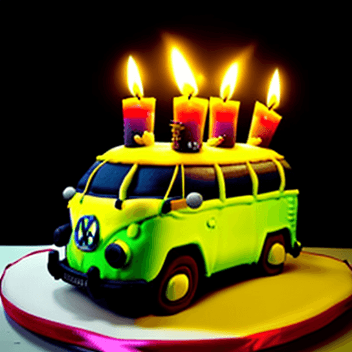 AI generated: a cake in the shape of an old volkswagen bulli with burning candles sticking in