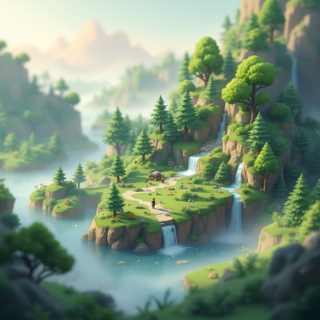 AI generated: a cute little matte low poly isometric Zelda Breath of the wild forest island, waterfalls, mist, lat...