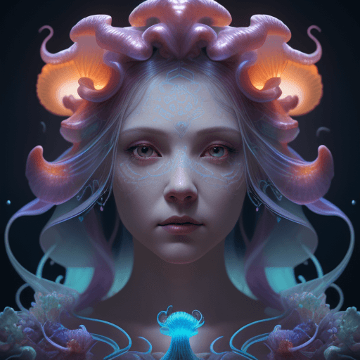 AI generated: Goddess close-up portrait ribcagel. jellyfish phoenix head, nautilus, orchid, skull, betta fish, bio...