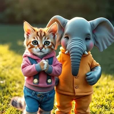 AI generated video: A cheerful cat in a pink hoodie with blue overalls and an elephant in an orange outfit dance togethe...