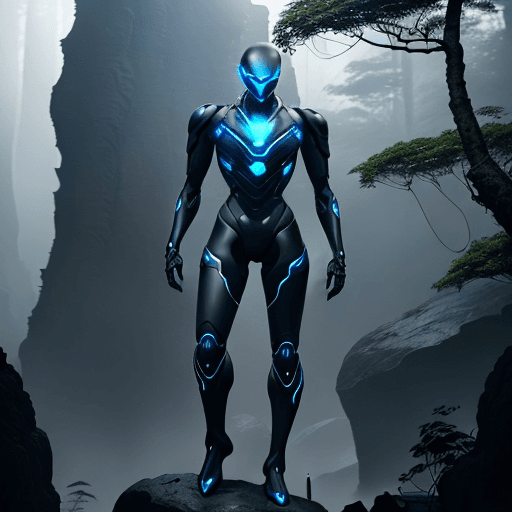 AI generated: Coal-black matte Mechanical suit, slim fit to tall human body. Clean and not many individual parts. ...