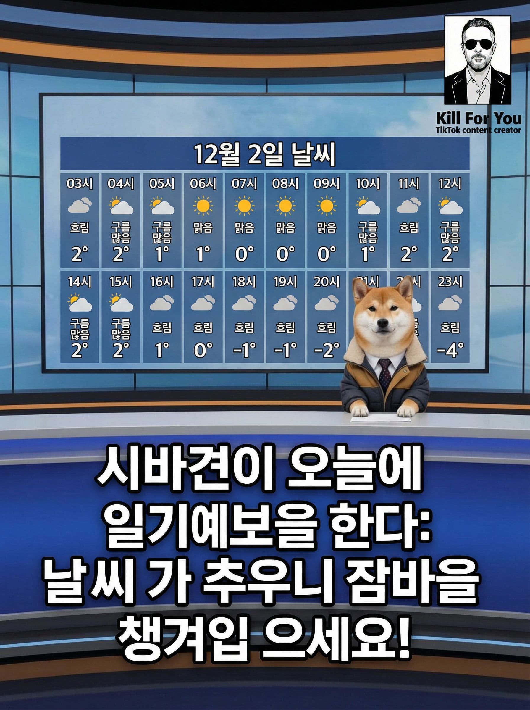 AI generated: 시바견이 오늘에 일기예보을 한다 12월 2일 날씨가 추우니 잠바을 챙겨입으세요   
 
03시흐림
2°
 
04시구름많음
2°
 
05시구름많음
1°
 
06시맑음
1°
 
07시...