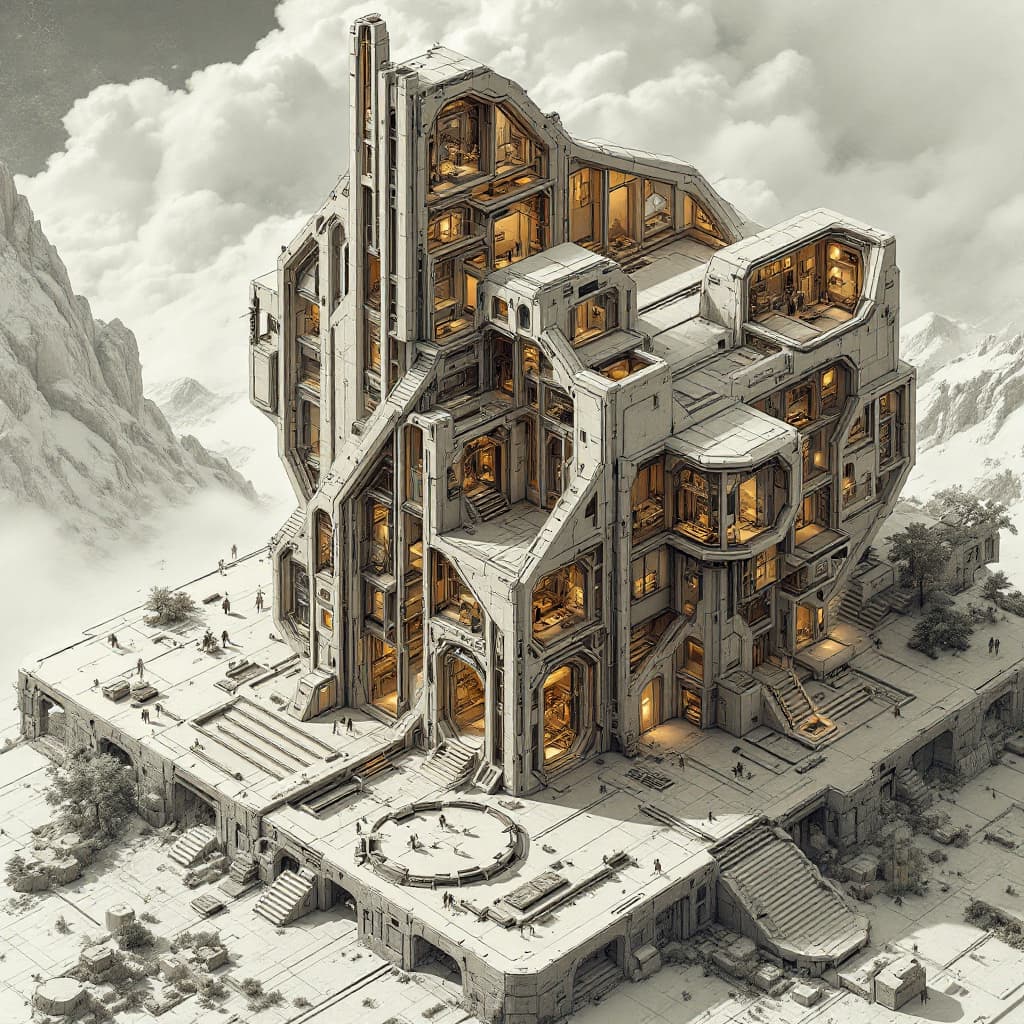 AI generated: exploded axonometric view of a futuristic hr giger building with multiple internal chambers and a cr...