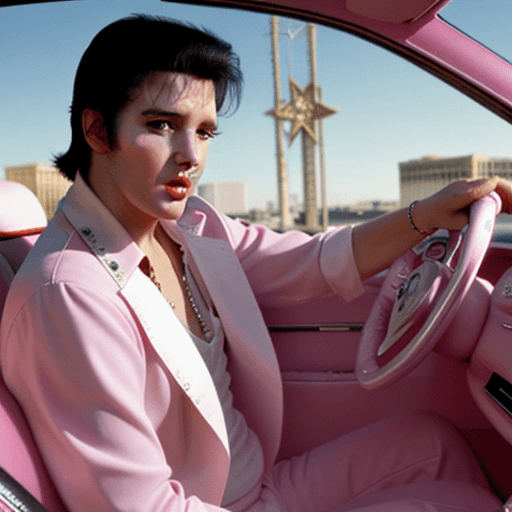 AI generated: Elvis Presley en su Coche rosa conduciendo por Las Vegas