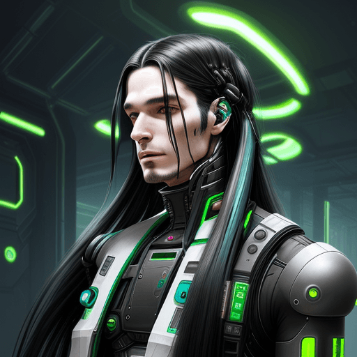 AI generated: Biopunk, solarpunk, pretty android guy with long black hair, futuristic