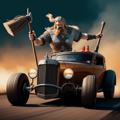 AI generated: A Viking driving a hot rod car with a shield in his left hand and a broom in his right, with a serio...