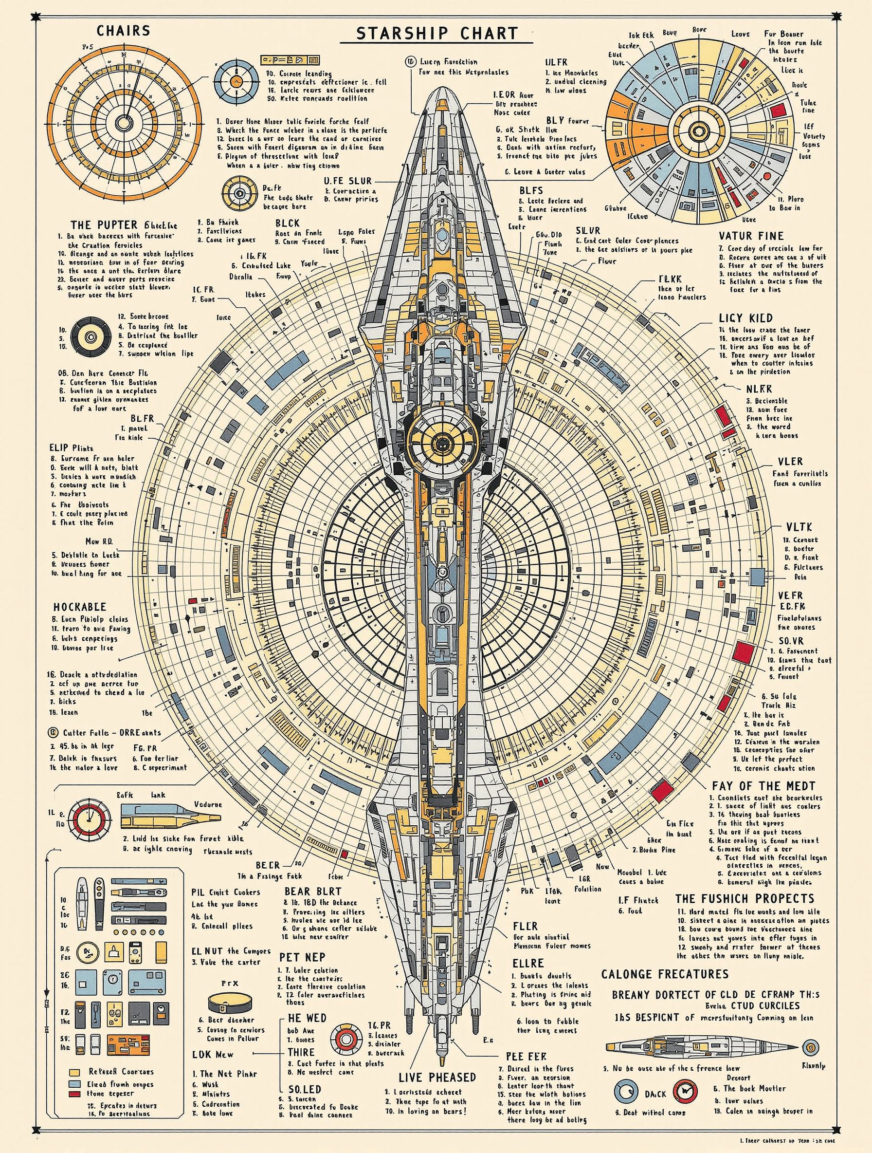 AI generated: intricately detailed scientific chart of an starship , hand drawn illustrations in full colour, show...