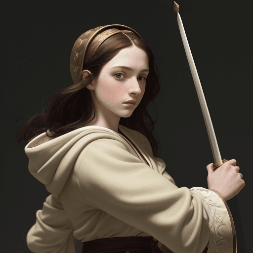 AI generated: renaissance girl, wielding an epee, wearing a robe, dark haired