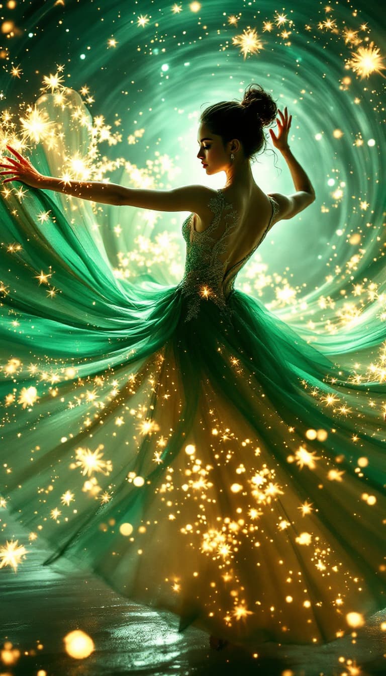 AI generated: "Emerald Vortex: A Whirlwind of Light": A live-action film sequence shows a female dancer, framed at...