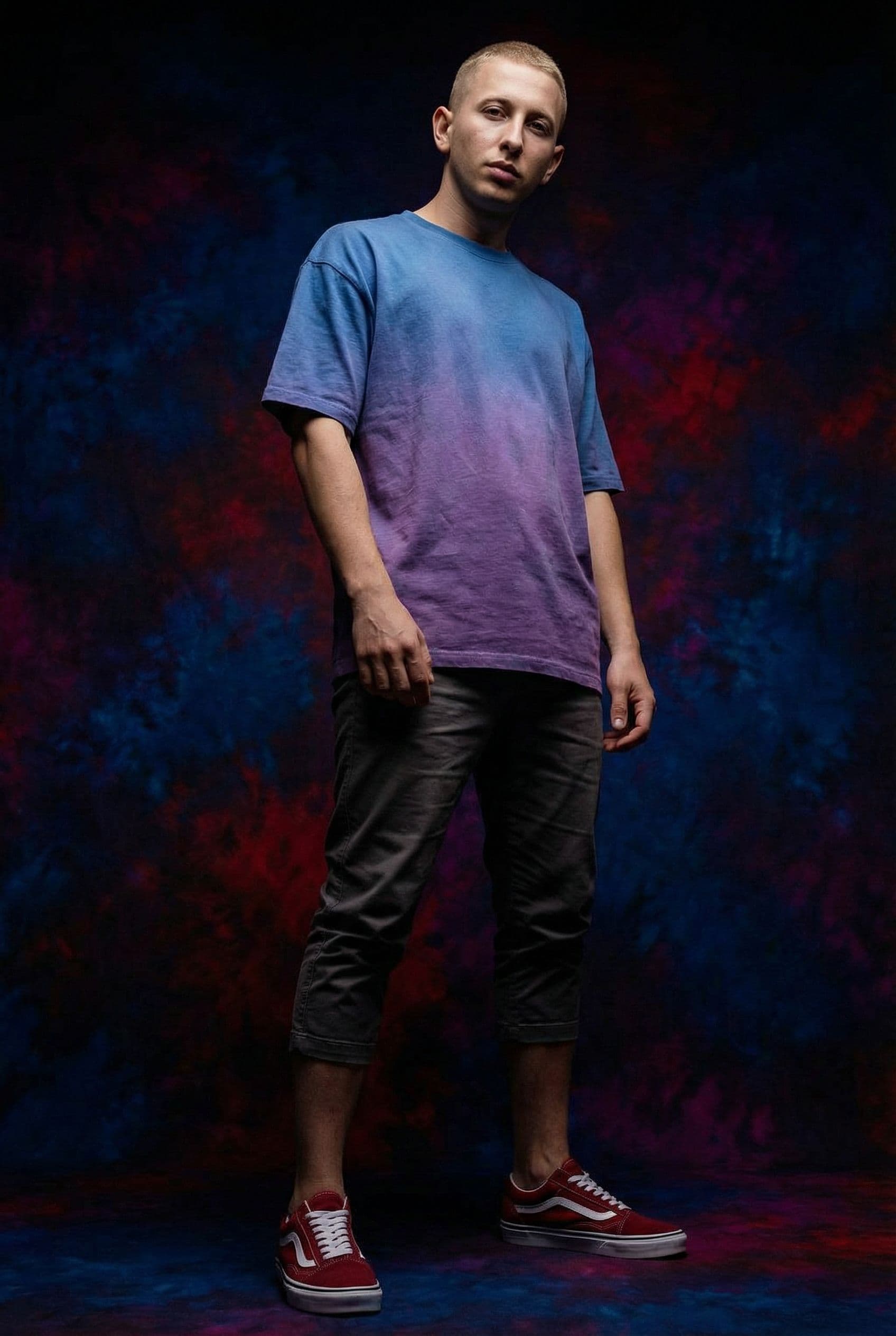 AI generated: fashion photograph, front shot, full body, male model, gaze to front, provocative stare, short styli...