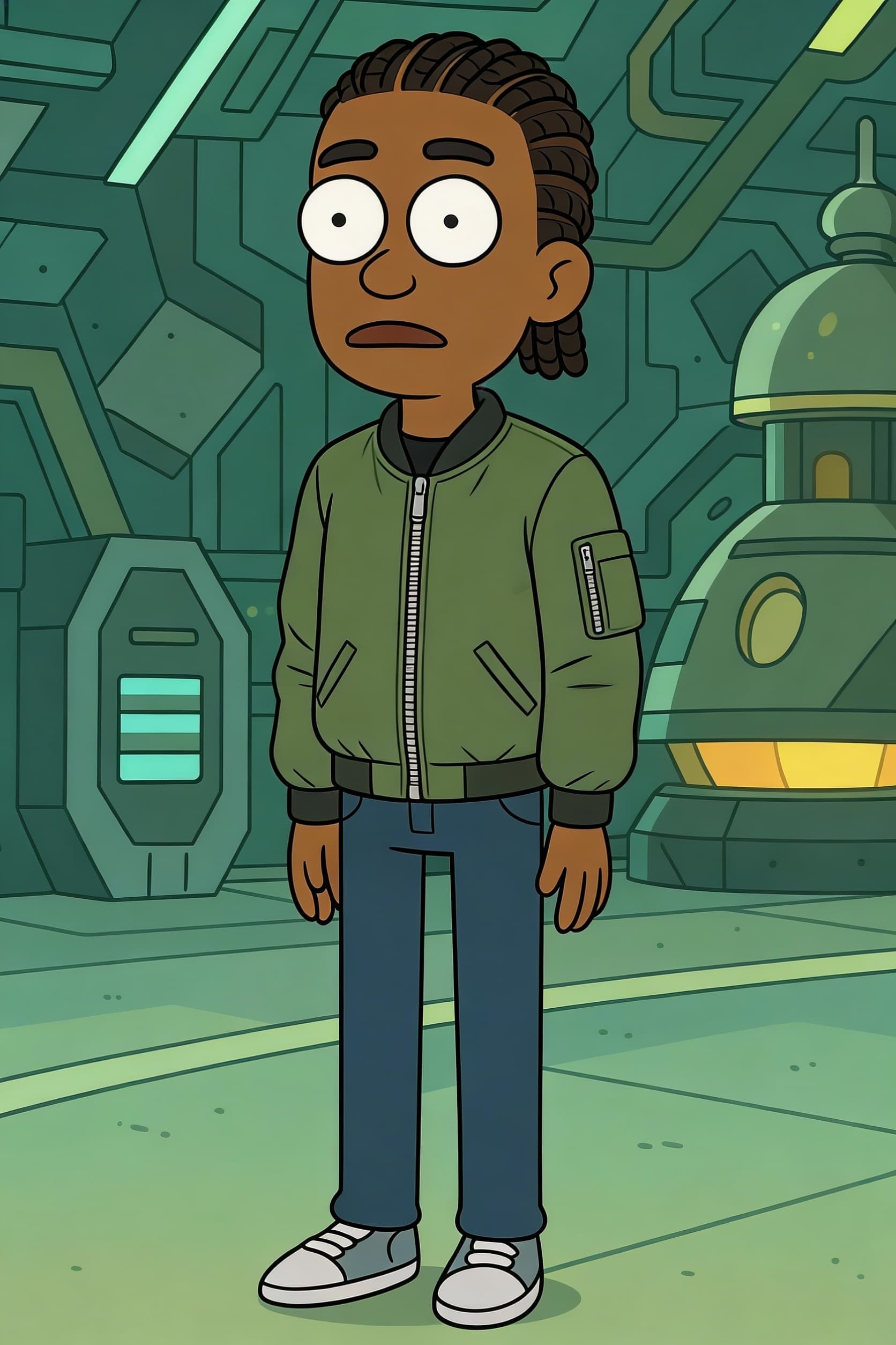 AI generated: make him have a green bomber jacket and make him taller
