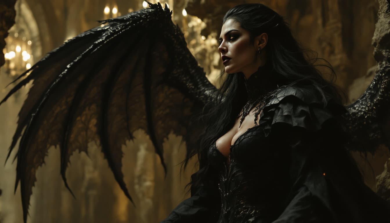 AI generated: heavy brown haze darkness atmosphere, full body of profile beautiful queen vampire, black long hair,...