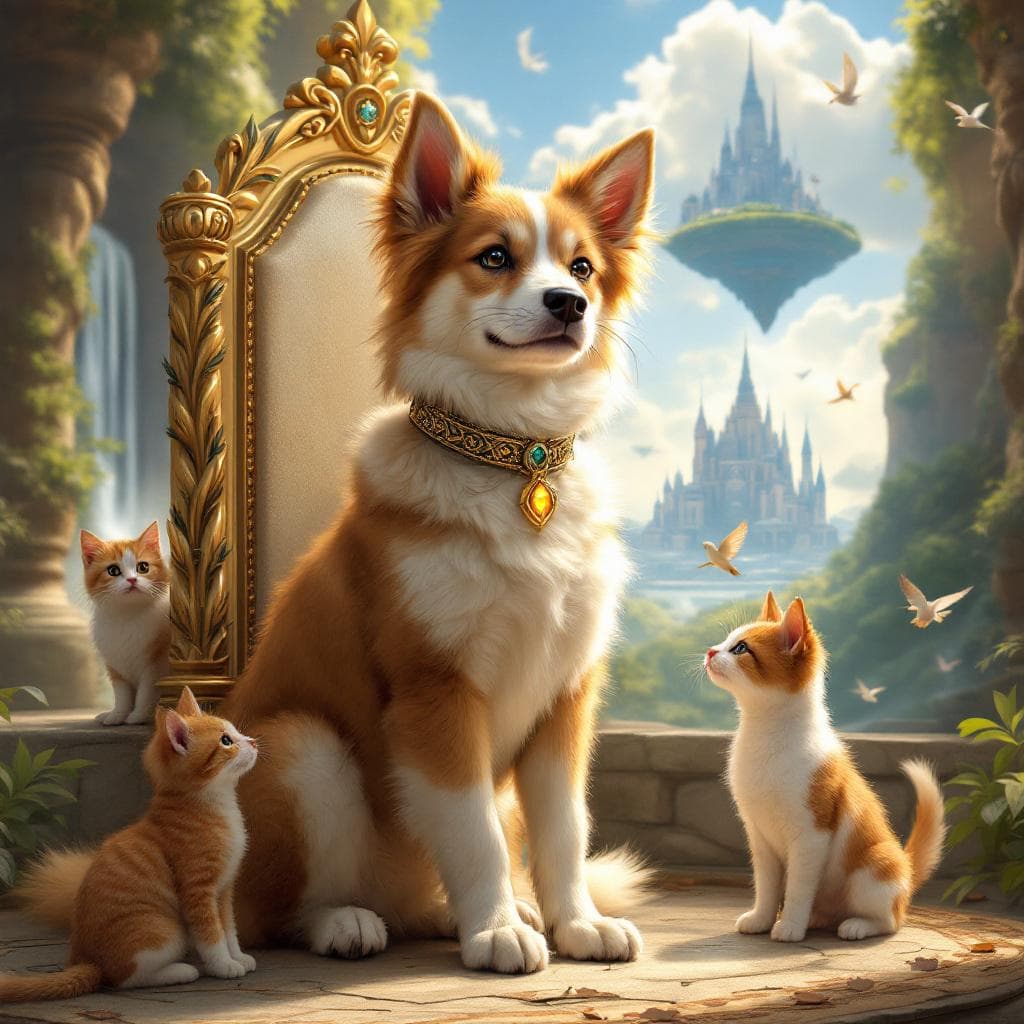 AI generated: Create a majestic digital painting of Phoebe, a young Canaan dog mix puppy, portrayed as the benevol...