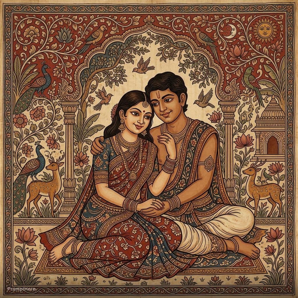 AI generated: Create an original Kalamkari-style artwork of two consenting adult South Asian lovers, with their ge...