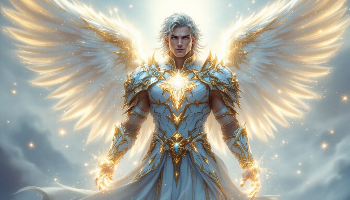AI generated: An ultra-realistic, full-body portrait of a captivating celestial paladin man, radiating divine powe...