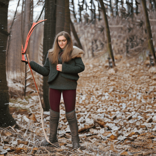 AI generated: Beautiful girl hunting in winter woods with bow
