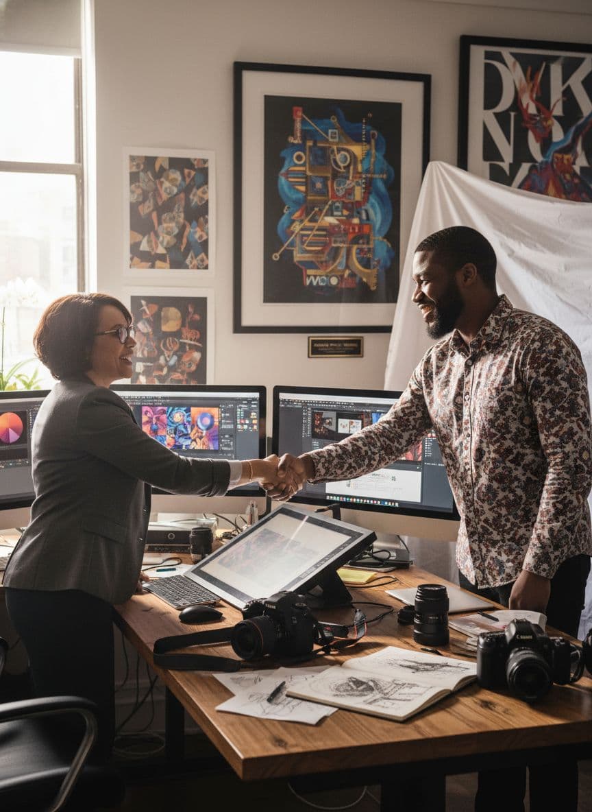 AI generated: A realistic image of a happy customer shaking hands with a Graphic Designer in a Design Studio. Comp...