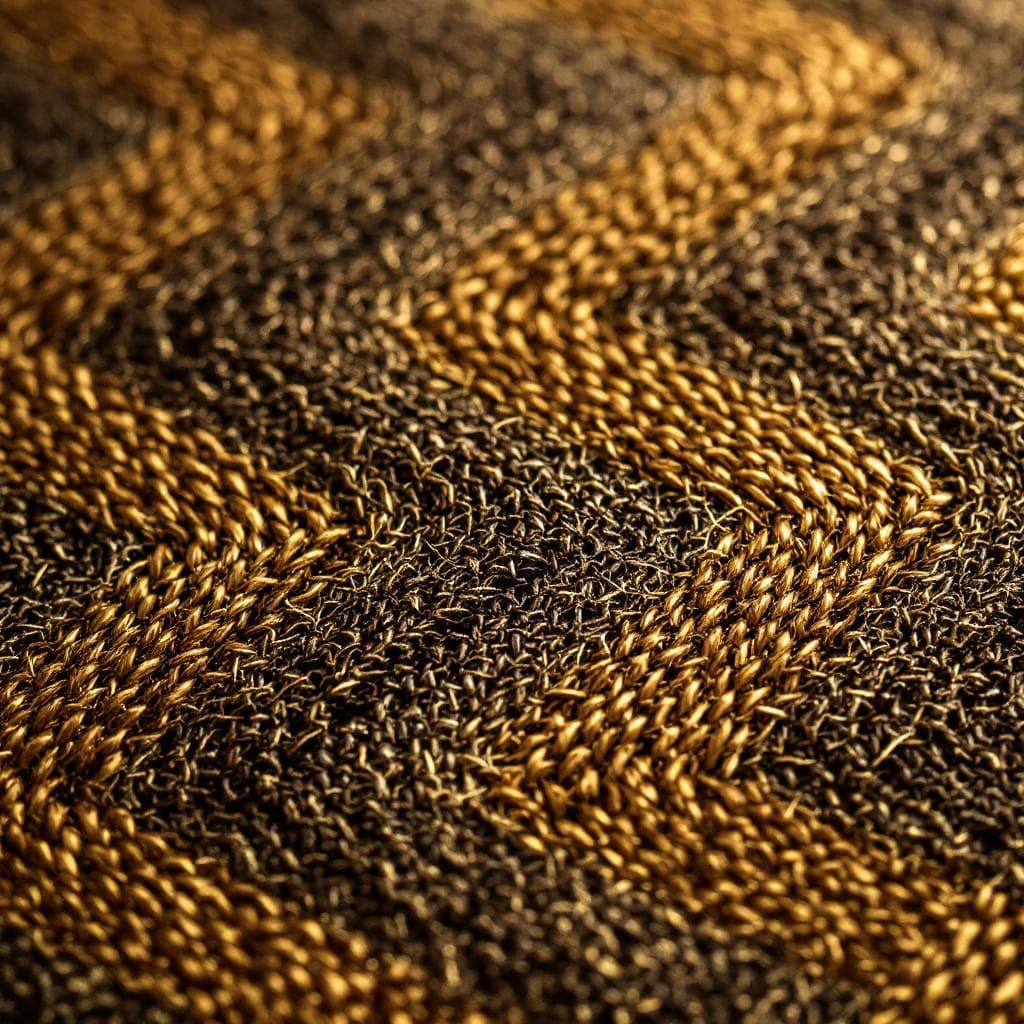 AI generated: Close-up of medieval haberget fabric — intricate woven zigzag texture, earthy tones (bronze, gold, d...